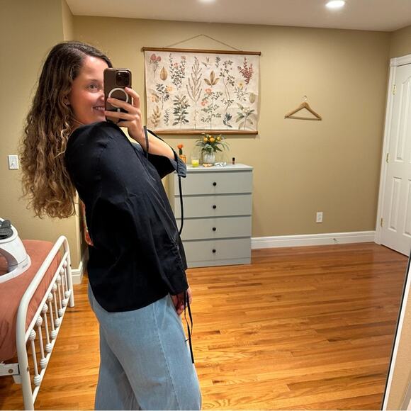 Theory Navy Blue Long Cinch Sleeve Linen Blend Top Blouse Large - Picture 3 of 13